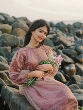 Yezwe dusty rose modest gown with puff sleeves, perfect for outdoor events and elegant occasions